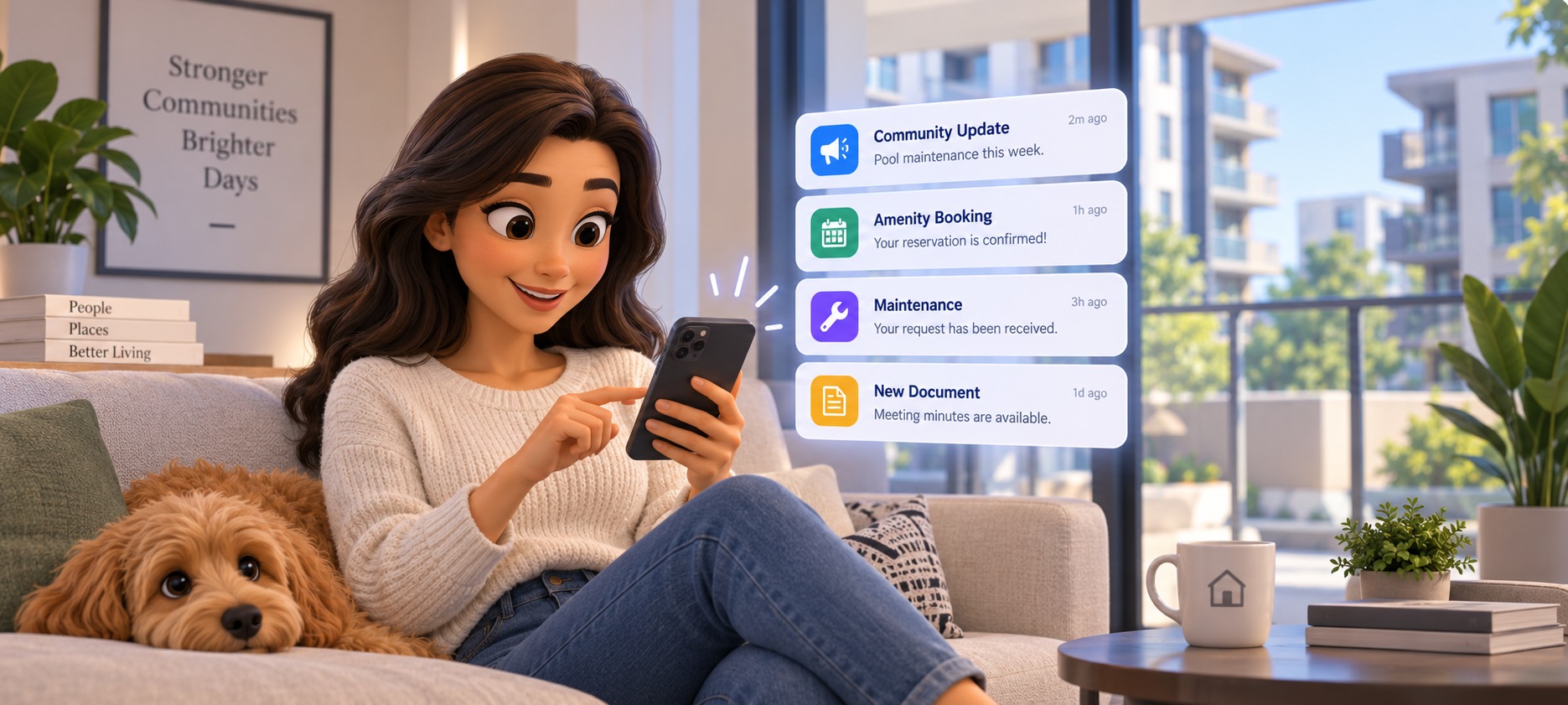 Condo resident receiving community updates through digital resident communication tools