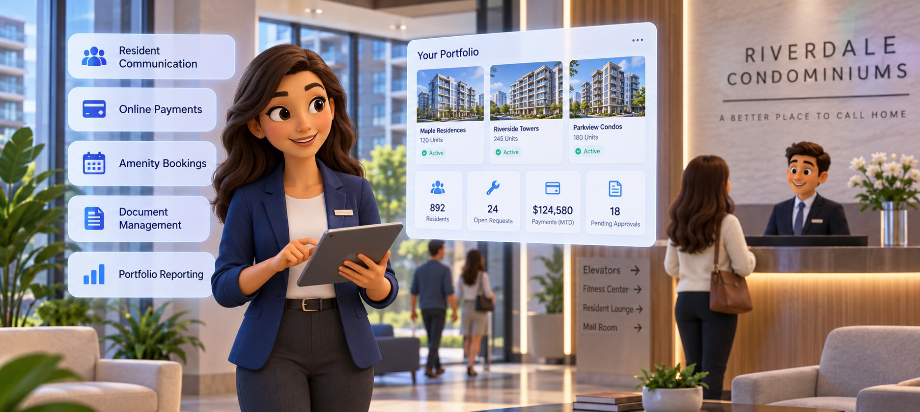 Condo property manager overseeing daily operations in a modern residential community
