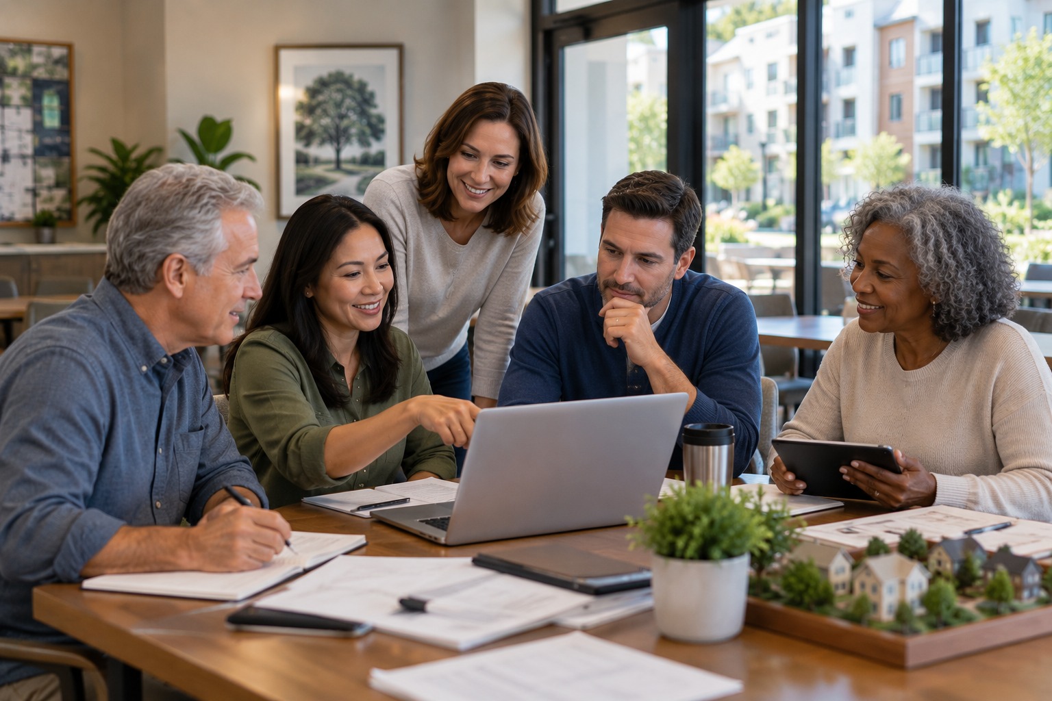 Volunteer HOA board members using community management tools during an association meeting