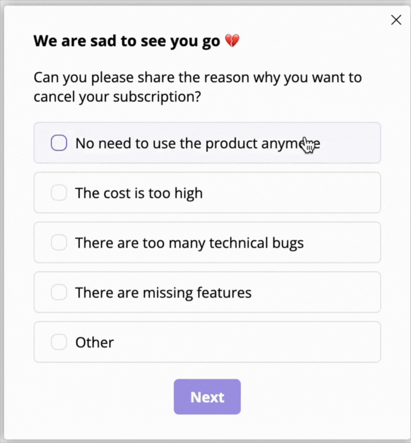 Userpilot survey for cancellation flow
